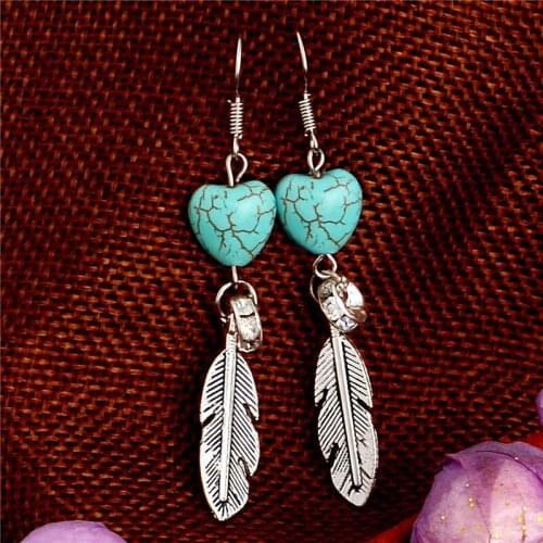 SHUANGR Trendy Female Love Heart natural stone Long Drop Earring With Tibetan Silver color Metal Feather Crystal Vintage Jewelry