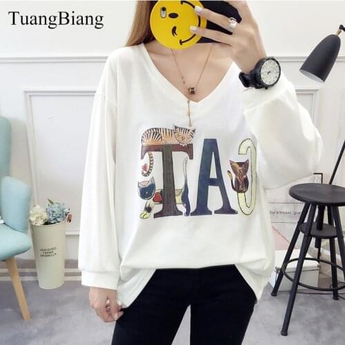 Creative Cartoon Letter Print Women T shirts Cotton V-Neck Ladies Tee-shirts feminine Winter Autumn high quality Large size Tops