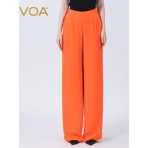 VOA Silk 30m/m Orange Trousers Elastic Natural Waist Oblique Pocket Gloss Breathable Woman Wide Leg Pants Streetwear Women KE559