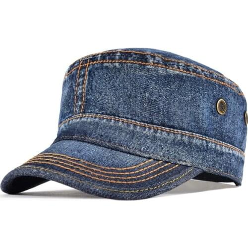 VOBOOM Denim Army Cap Men Washed Cotton Bucket Hat Fall Headpiece Flat Top Adjustable Peaked Visor Hats 164