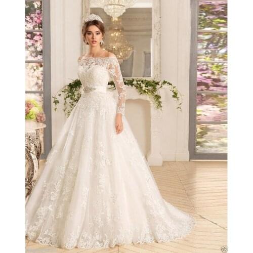 Boat Neck Long Sleeve Lace Wedding Dress 2021 Classic Bridal Ball Gown With Train Princess Belt Luxury Wedding Gown Plus Size