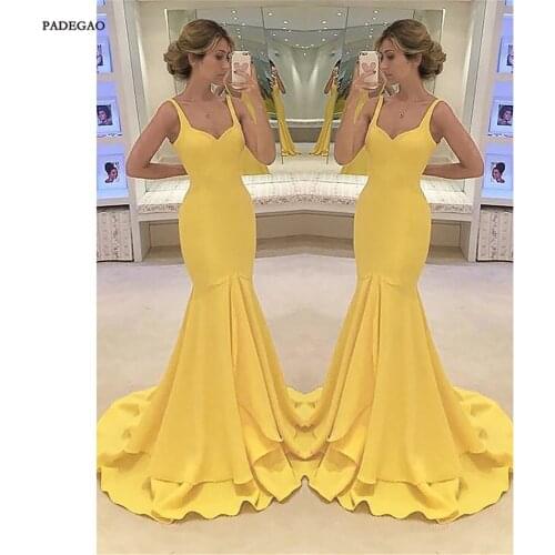 Yellow Long Evening Dresses Mermaid Prom Dress Sleeveless Ruffles Sweep Train Simple Evening Dress Custom Made