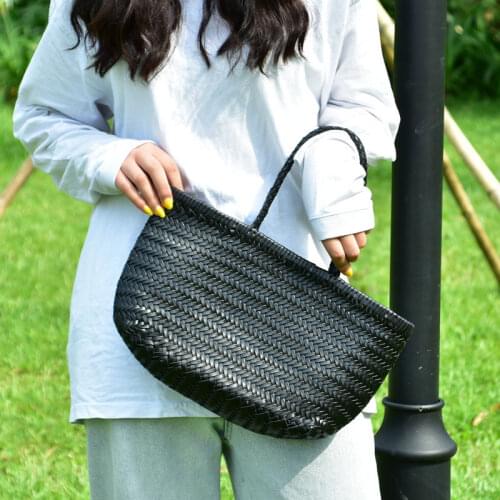 Womens Genuine Leather Woven Shoulder Bag Cool Weaving Bucket Handbags French Casual Tote Purse Cowhide Cross Handle Bags