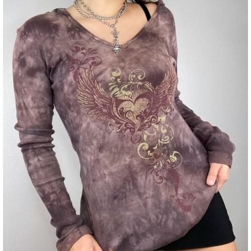 Womens T-Shirt Fairy Grunge Knitted Vintage Printed Y2K T Shirt V Neck Long Sleeve 2021 Autumn Women Vintage Harajuku Kwaii Tee