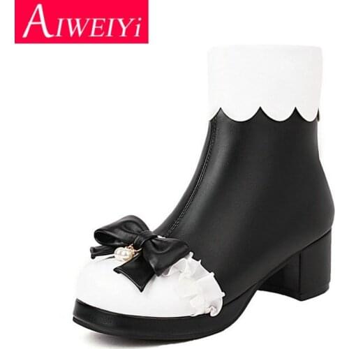 Woman Ankle Boots Black Pink Round toe Sweet Bow High Heels Lolita Shoes Princess Style Cosplay Gothic Boots Botas