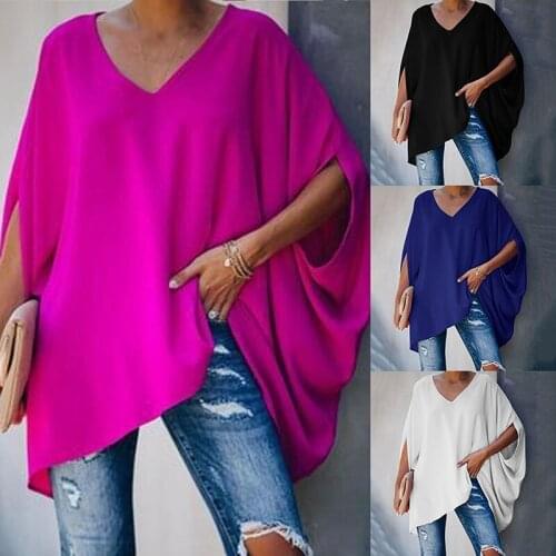2020 Womens Long Sleeve V-Neck Ladies Oversized Jumper Pullover Tops Solid Color Long T-Shirt Plus Size