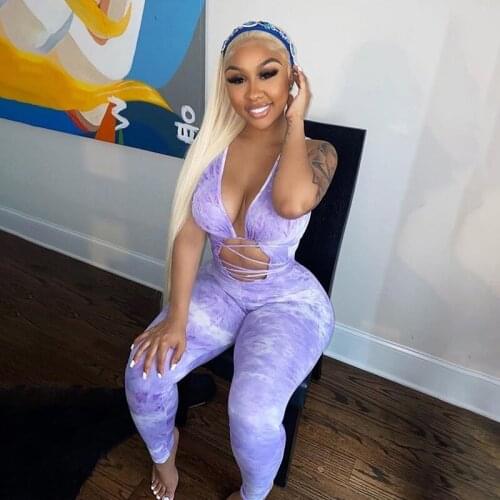 2020 Sleeveless Sexy Jumpsuits For Women Rompers Tie-Dye Print Deep V-Neck Bodycon Bandage Mujer Body Suit Streetwear Outfits