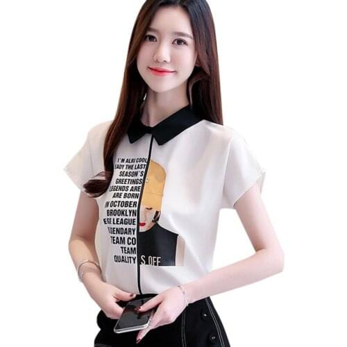 Girl 2019 Women\s Korean Style Peter Pan Collar Short Sleeve Letter Print Pullover Chiffon Blouse