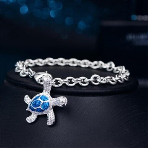 Sea World Style Blue Solid Sequin Turtle Shape Charm Bangle Women Silver Hand Chain Cute Animal Jewelry Drop Shipping Wholesale