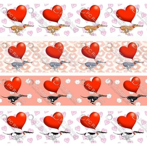 1-1/2" Cute Greyhound Printed Custom Dog Design Cartoon for DIY Crafts Hair Bow Collar Lanyard/Satin /3" Grosgrain Ribbon CA322
