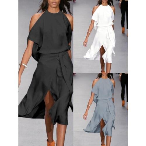 2021 Women Elegant Party Split Dresses Summer Dress Ladies Solid Color Sleeveless Off Shoulder Irregular Dress With Sashes 3XL