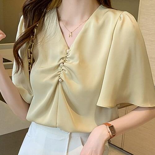 Blusas Blouses Femme Top Beading V-Neck Blouse Women Blusas Mujer De Moda 2021 Short Sleeve Chiffon Blouse Shirt Tops Women E881