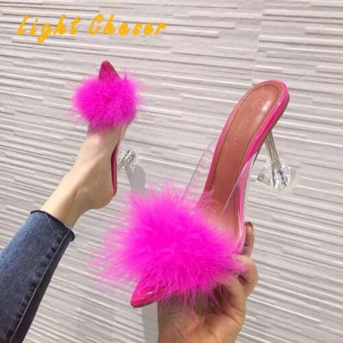35-45 Large Size Womens Sandals 41 Transparent Crystal High Heels 42 Fashion Real Hair 44 One-word Sandals And Slippers Women