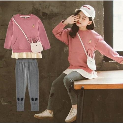 DFXD Teenage girls Clothing Set 3-12Y 2PC Sports Suit Children Outfits Casual Costume Cotton Cartoon Rabbit Ear Pullover+Legging