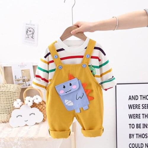 Baby Kids Spring Fashion Overalls Set Boys Children Color Striped Long Sleeve Shirt Dinosaur Jumpsuit Suit Girls Casual Clothing