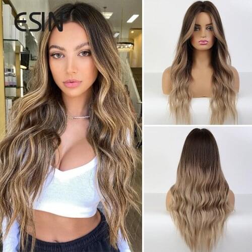 ESIN Brown Ombre to Blonde Long Water Wave Wigs for Women Synthetic Hair Natural Party Heat Resistant