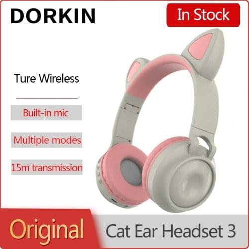 Dorkin Cute Cat Ear Headset 3 HD Mic LED Light 15m Transmission Youth Kids Girl Wireless Headphones with Bluetooth /TF Card/AUX