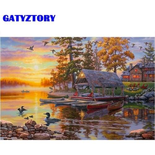 GATYZTORY 60x75cm Oil Painting By Numbers Autumn River Landscape Picture By Number Diy Framed On Canvas Home Decors Artcraft