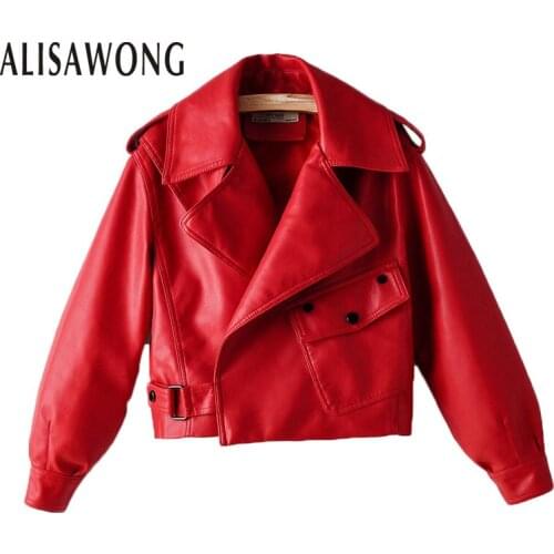 New Women Faux Leather Jacket Spring Korean Streetwear Short Pu Coat Ladies Moto Biker Red Jacket Turn Down Collar Outerwear