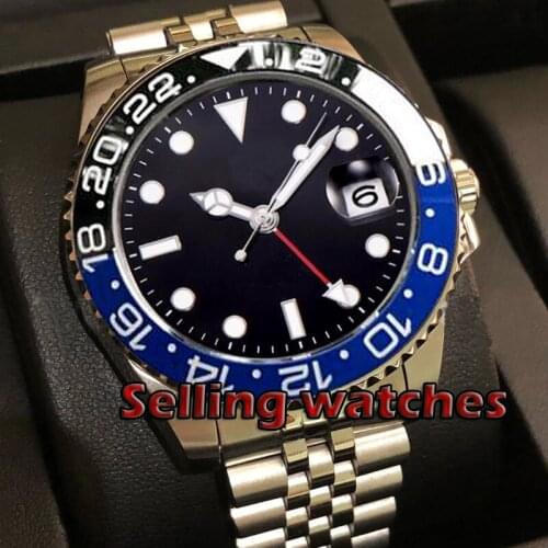 40mm PARNIS black Sterile dial Ceramic bezel Jubilee Bracele Sapphire crystal date GMT automatic mens watch Mechanical watches