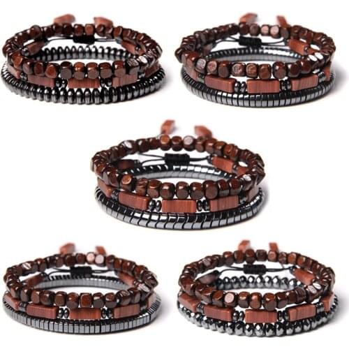 Irregular Shape Hematite 3 Chains Bracelet Set Men Polished Rectangle Red Stone Beads Bracelet Women Handmade Adjustable Jewelry