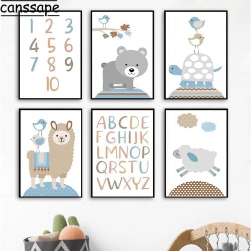 Nordic Wall Poster Bear Tortoise Sheep Bird Alpaca Prints Animal Canvas Painting Nursery Wall Pictures Baby Room Decoration
