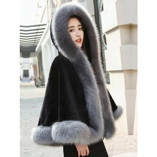 New women autumn winter fashion faux fox fur hooded loose palazzo warm cape coat poncho mantle cloak casacos