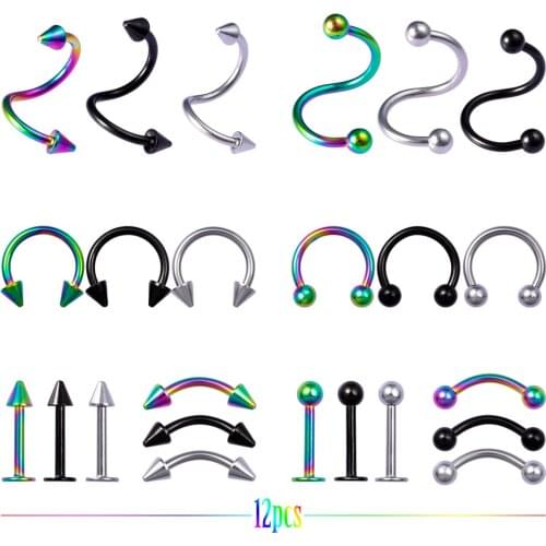 12pcs/set Lip Ring Labret Nose Stud Women Men Piercing Stainless Steel Jewelry Eyebrow Septum Nose Rings Trendy Body Jewelry 16g