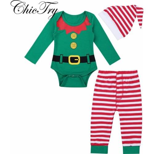 Baby Boys Girls Xmas Christmas Outfits Clothes Set Toddler Baby Boys Girls Elf Costumes Romper Pant Hat Outfits New Year Sets