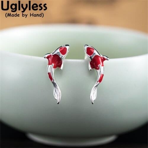 Uglyless Handmade Koi Lucky Fishes Studs Earrings for Women Lovely Fish Animals Earrings 925 Silver Brincos China Chic Jewelry