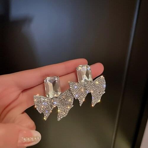 Big Geometric Square Crystal Dangle Earrings for Women Bowknot Rhinestone Earrings Party Jewelry Accessories