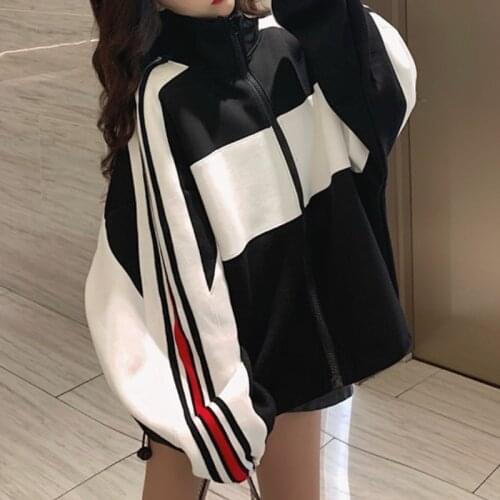 Zip Up Hoodie for Women Contrast Color Student Jackets Tops Raglan Sleeve Sweatshirt with Pocket Loose Plus Velvet Hoodies Coats