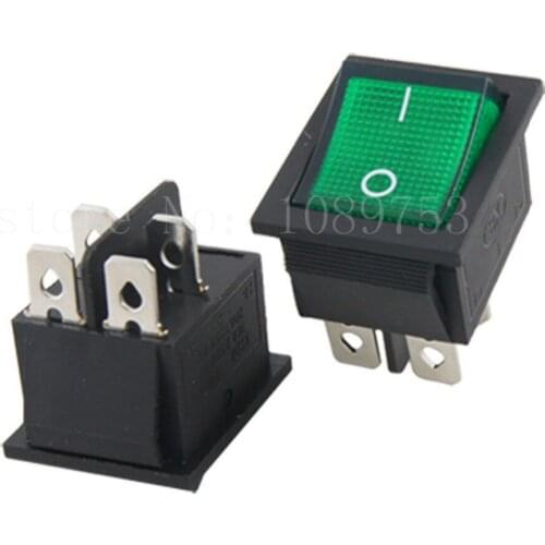 Green Light 4 Pin DPST ON-OFF Snap In Rocker Switch AC 5pcs