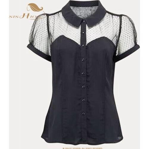 SISHION Women Vintage Tops VD1792 Short Sleeve Tulle Patchwork Black Blouses Femme Shirts Women