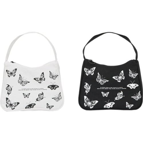 Women Handbag Butterfly Print Canvas Tote Ladies' Fashion Underarm Bag Zipper Half Moon Bags Cotton Cloth Purse