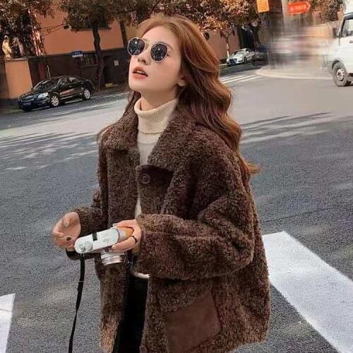 Women 2021 Autumn Winter New Faux Lamb Wool Fur Coat Female Casual Loose Lapel Short Jacket Lady Elegant Chic Warm Outwear C417