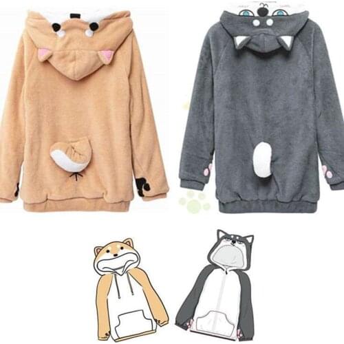 Harajuku Sweatshirt With Ears Women Kawaii Cartoon Shiba Inu Doge Hoodies Soft Sister Cute Japanese Sweet Plus Size Pullovers