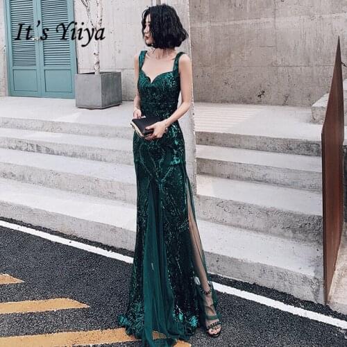 Its Yiiya Evening Dress Elegant Sling Sequins Evening Dresses Meimaid Plus Size Formal Gowns Green Long robe de soiree LF095