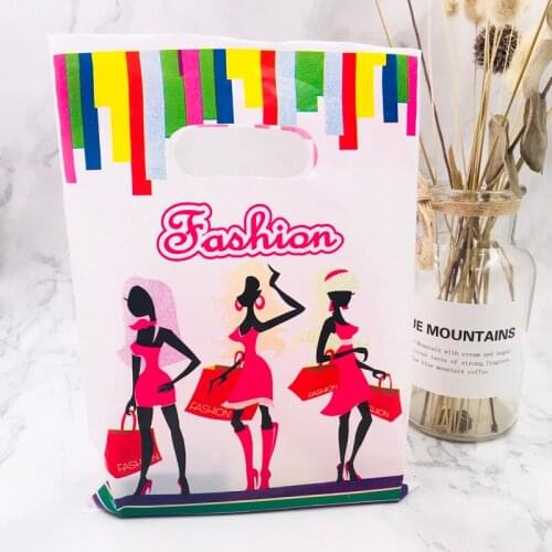 15x20cm Colorful Fashion Girls Print Boutique Gift Shopping Packaging Plastic Handle Bag Jewelry Plastic Bag Wedding Gift Pack