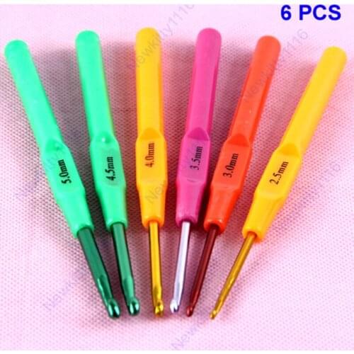 6pcs Plastic Multicolor Handle Aluminum Crochet Hooks Knitting Needles Craft New
