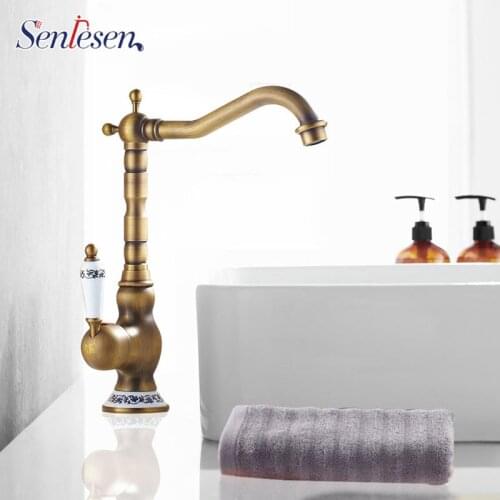 Senlesen Antique Brass Bathroom Basin Faucet With Blue and White Porcelain Handle Base Mixer Water Hot and Cold Water Brass Tap