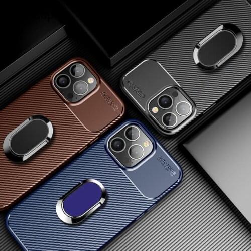 Carbon Fiber Bumper Shockproof Phone Case For Iphone 13 Pro Max Ring Magnetic Stand Holder Silicone Cover For Iphone 13 Mini