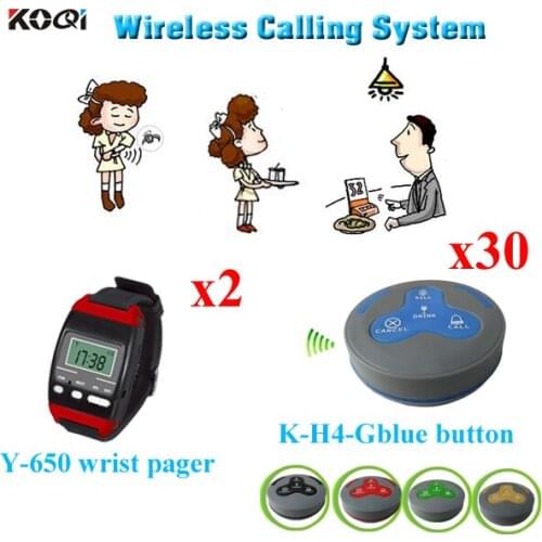 Wireless Table Waiter Service Call Calling Paging System Watch Pager Y-650 With Waterproof Call Button K-H4-GBlue