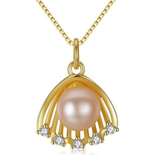 JOYMARK Gold Color Scallop Shape Natural Pearl Pendant 925 Sterling Silver Chain Necklaces Fashionable Costume Jewelry JPN310