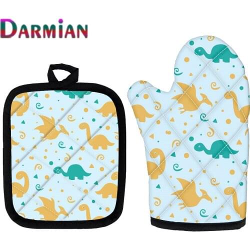 DARMIAN 2PCS Heat Resistant Microwave Oven Glove And Pot Pad Cute Dinosaur Print Kitchen Baking Gloves Non-Slip Cooking Mitts