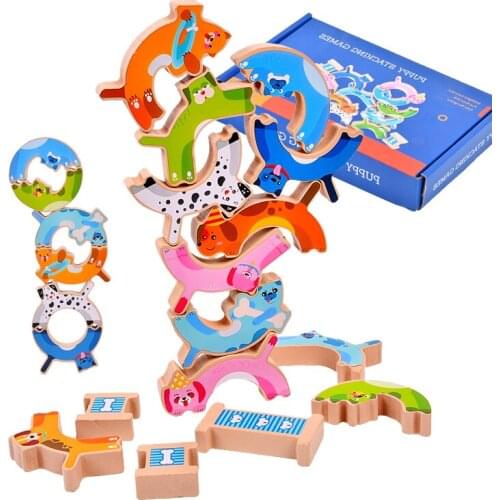 Wooden Kids Animal Balance Building Blocks Toy Puppy Cat Blocks Stacking Game Early Education Puzzle Toy For Children Board Game