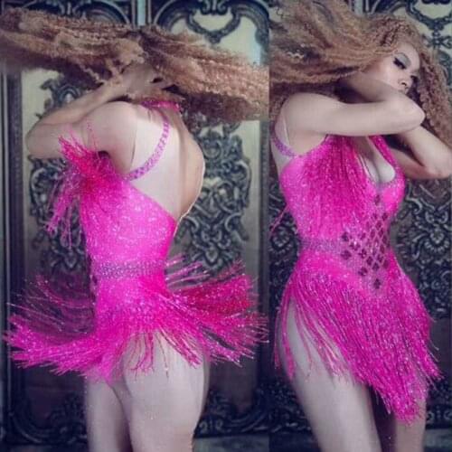 Stretch Party Outfit Sparkly Rhinestone Tassel Bodysuit Nightclub Dance DS Show Stage Wear Female Singer Dance Costume