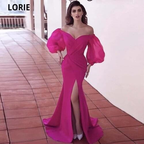 Fuchsia Puffy Long Sleeves V-Neck Satin Side Slit Sweep Train Mermaid Evening Dresses Vestidos De Fiesta De Noche Prom Gowns