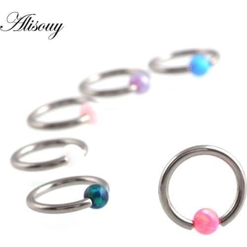 Alisouy 1 PCS Opal Nose Rings Hoop Rings Clicker Septum Cartilage Studs Lip Piercing Body Jewelry for girl lady Stainless Steel