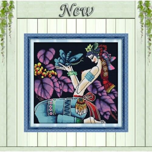 The butterfly girl beauty paintings counted printed on canvas DMC 11CT 14CT Chinese Cross Stitch kits needlework Sets embroidery